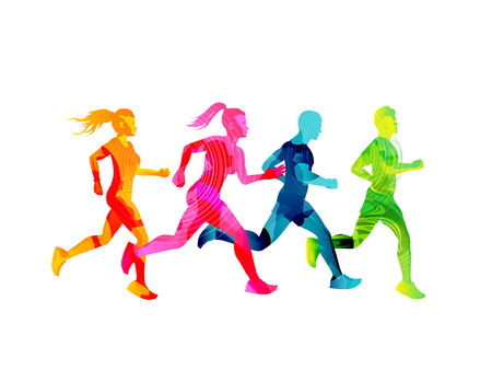 A group of running men and women staying fit. Colourful texture people silhouettes. Vector illustration.のイラスト素材
