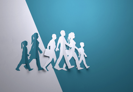 Folded Paper art origami. Various people and characters walking to their destination. Paper craft 3D illustration.の写真素材