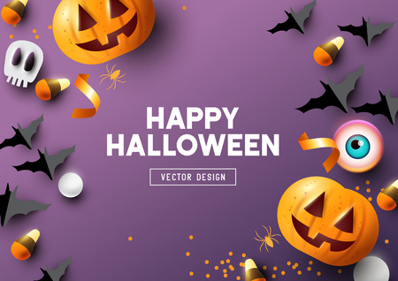 Happy Halloween party composition with Jack O' Lantern pumpkins and party decorations on a purple background. Top view vector illustration.のイラスト素材