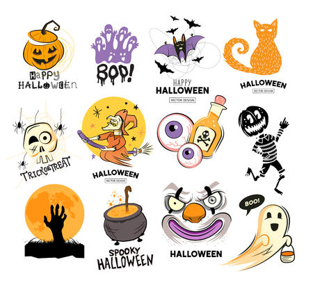 Happy halloween spooky design symbols and elements for labels and objects. Vector illustration.のイラスト素材