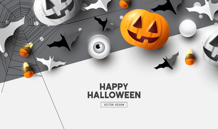 Happy Halloween holiday party Composition with Jack O' Lantern pumpkins, party decorations and sweets. Background top view vector illustration.のイラスト素材