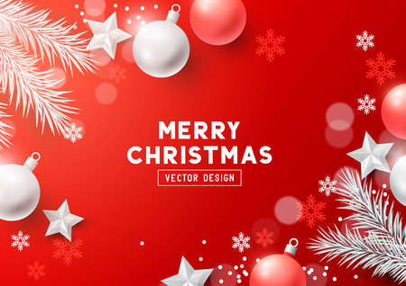 Christmas Composition with fir branches, christmas baubles and snowflakes on a redbackground. Top view vector illustration.のイラスト素材