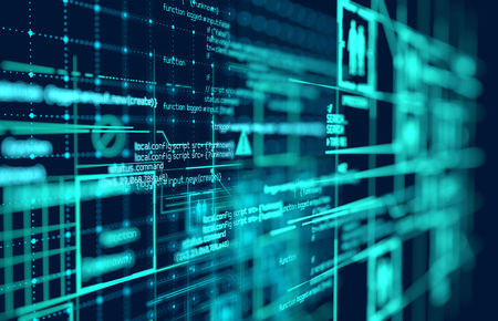 Complex Futuristic programming code and big data connections and network patterns. 3D illustration.の写真素材
