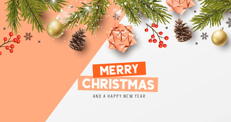 Vector christmas composition with fir branches, bows and decorations. Illustration.のイラスト素材