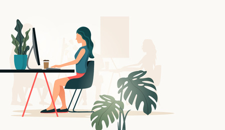 A casual women working at a desk in a office using a comptuer. People vector illustrationのイラスト素材