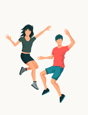 A young happy couple jumping high up. People vector illustration.のイラスト素材