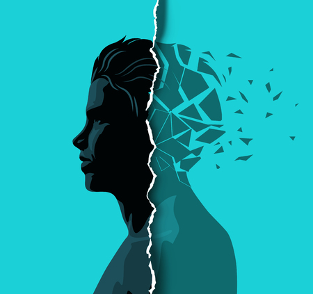 A adult male dealing with mental health issues. Anxiety, mindfulness and awareness concept. Vector illustration.のイラスト素材