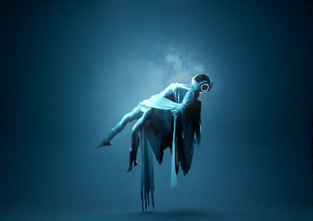 Levitation Portrait. A futuristic Space Women Portrait Floating upwards towards a light. Conceptual people 3D illustration.の写真素材
