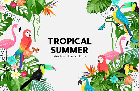 An exotic jungle summer background frame design with birds and palm leaves. Vector illustration.のイラスト素材