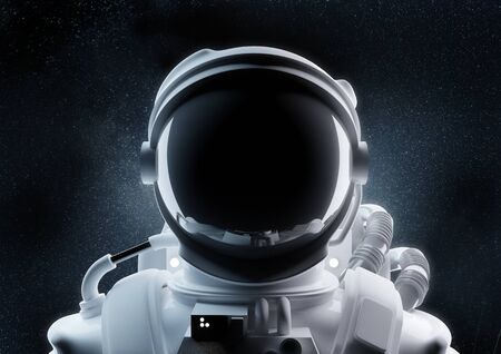 A close up image of an astronaut and helmet in outer space. 3D illustration.の写真素材