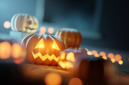 Autumn Halloween Decorations and Pumpkin lanterns on a wooden floor. 3D illustrationの写真素材