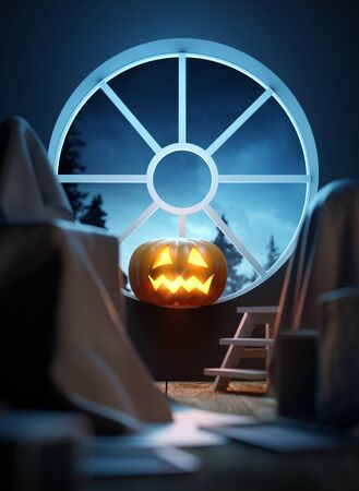 A glowing Jack O Lantern pumpkin lantern in front of a window lights up an old attic. 3D illustrationの写真素材