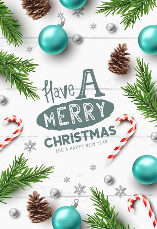 Merry christmas composition with christmas elements on a rustic white wooden background. Vector illustration.のイラスト素材