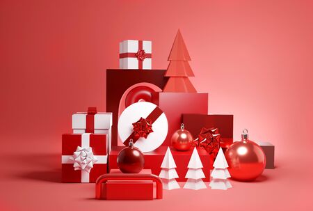 A modern abstract contemporary red christmas themed background with presents and baubles. 3D illustrationの写真素材