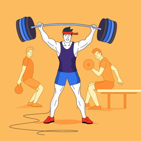 A super strong guy working out at the gym with other guys watching. People vector concept illustration.のイラスト素材