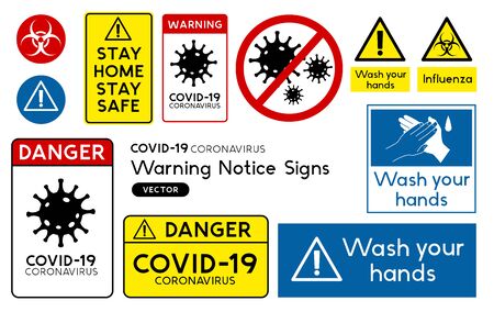 A set of Global Pandemic Covid-19 Coronavirus warning signs and notices. Vector illustrationのイラスト素材