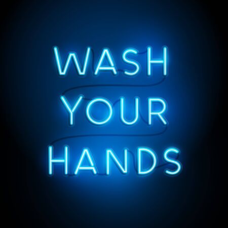 Wash your hands blue neon letter sign. Vector illustrationのイラスト素材