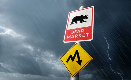 Warning road signs of a coming stock market crash, expecting a bumpy ride. Bear market 3D illustration concept.の写真素材