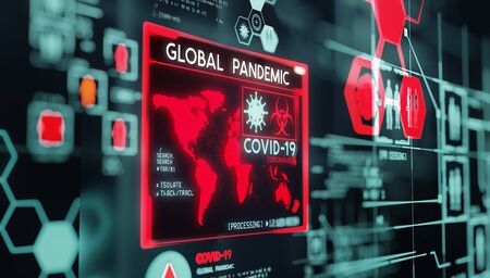 Covid-19 coronavirus, data visualization of the virus as it turns into a global pandemic. 3D illustration.の写真素材