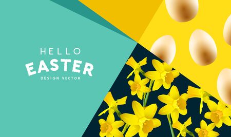 Happy Easter banner background with pattern textures with eggs and daffodils. Vector illustration.のイラスト素材