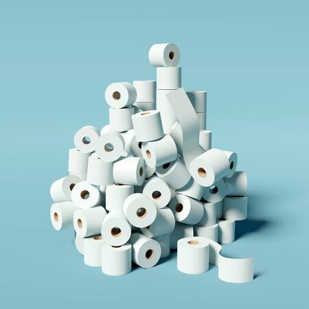 A huge stockpile of toilet rolls. Coronavirus Covid-19 virus infection causing panic buying of loo roll. 3D illustration concept.の写真素材