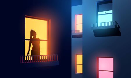 A women silhouetted looking out of her illuminated apartment window at night during Covid-19 lockdown. self-isolation and lockdown due to coronavirus. Vector illustrationのイラスト素材