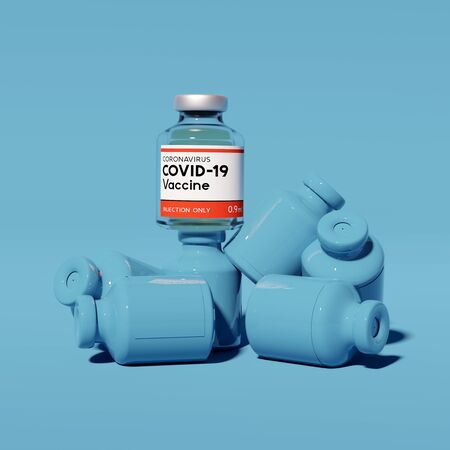 Bottles Of Covid-19 Coronavirus Vaccine stacked up. Medical research contemporary background. 3D illustration.の写真素材