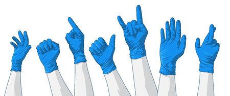 A collection of various hand gestures wearing PPE protection latex gloves.のイラスト素材