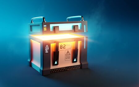 Fantasy Futuristic mystery loot box case opening up to reveal its surprise contents. 3D illustration.の写真素材