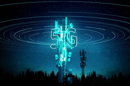 5G mobile signal Communication Mast (cell tower) Super fast data streaming concept. 3D illustration.の写真素材