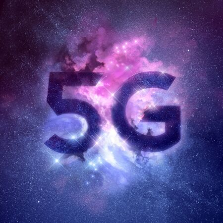 A galaxy nebula with 5G written in the stars. Fast 5G mobile wireless networking technology concept. Illustration.の写真素材