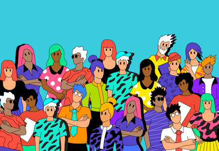 A crowd of social casual people. Multicultural creative teams, students and worker characters. Vector illustrationのイラスト素材