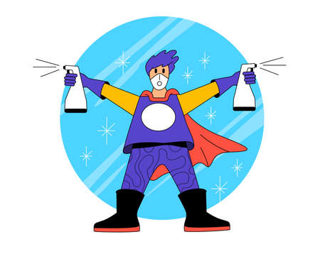 Super hero cleaner. A person dressed as hero wearing protective clothing and carrying two bottles of antibacterial disinfectant cleaner, keeping everything super clean. Vector illustrationのイラスト素材
