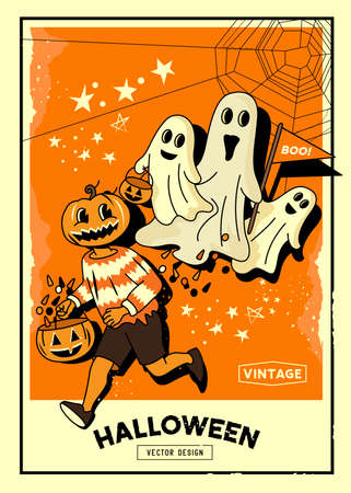 Spooky vintage halloween event layout background with trick or treat characters and ghosts. Vector background illustration.のイラスト素材