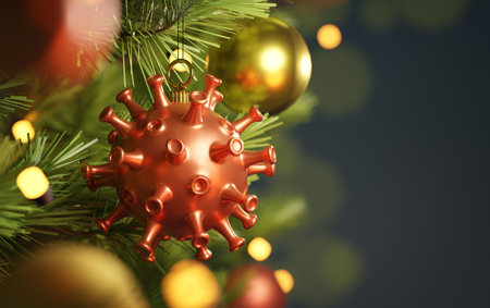 Covid-19 and winter flu bugs virus bauble christmas tree decoration hanging from a decorated tree. 3D illustration concept.の写真素材