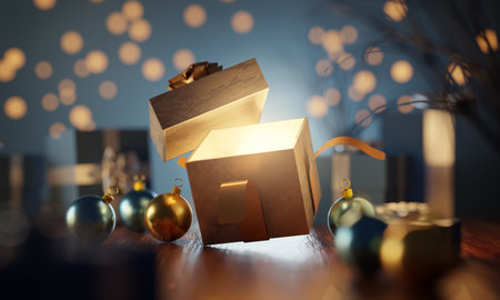 Christmas at Home scene, gift unboxing and unwrapping a surprise present! With fairy lights bokeh...