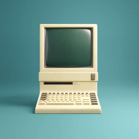 Retro 1980's style beige desktop computer and built in screen and keyboard.  3D illustration.の写真素材