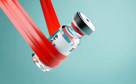 A vaccine vial being suspended in the air by red tape. 3D illustrationの写真素材