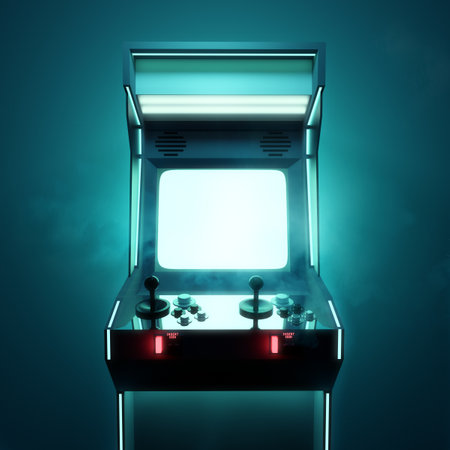 A retro video games arcade fighting machine for two players, with a large blank screen. 3D render illustration.の写真素材