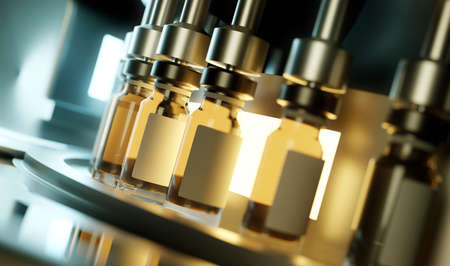 Mass production, development and manufacture process of a new vaccine. Final production of filled vials. Bio science 3D illustration.の写真素材