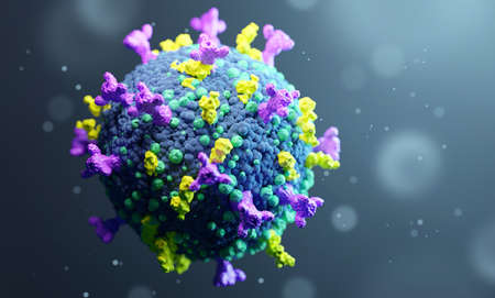A mutating Virus that causes Coronavirus COVID-19. A virus with changing protein spikes. 3D illustration render.の写真素材