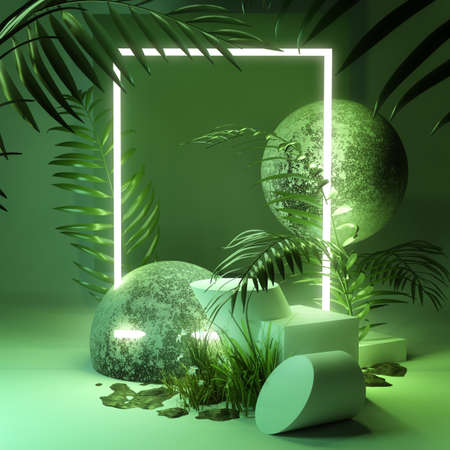 Organic fresh natural green platform background studio stage with Neon lights and plants. 3D illustration render.の写真素材