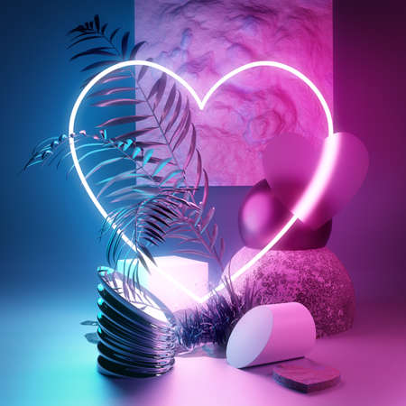 Studio composition background platform with a pink and cyan glowing neon heart. 3D stage illustration render.の写真素材