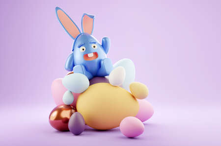 A happy easter egg character with rabbit ears sat on top of some chocolate eggs. 3D illustration.の写真素材