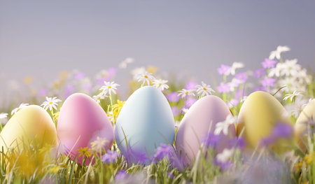 Pastel coloured wild flower meadow field with easter eggs. Spring 3D illustrationの写真素材