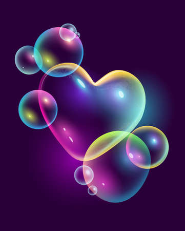 Colourful abstract rainbow bubbles with a love heart Realistic Vector illustration.のイラスト素材