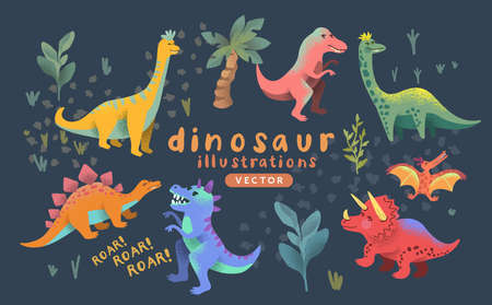 A collection of cute colorful prehistoric dinosaur characters. Vector illustrationのイラスト素材