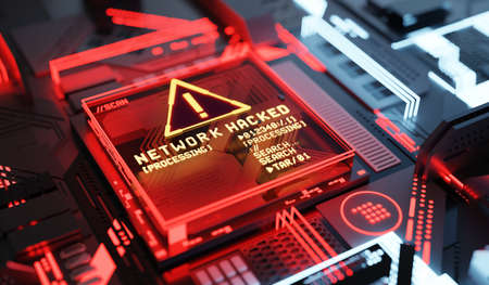 company network being hacked with ransomware. Hardware and cyber crime concept. 3D illustration.