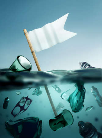 plastic waste floating in the open ocean with a white flag of surrender. Climate and environmental...