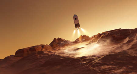 A rocket landing on the surface of mars carrying astronauts. Futuristic mission to Mars. 3D illustrationの写真素材